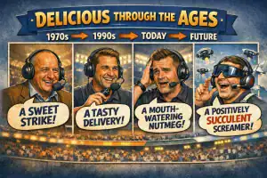 Evolution of football commentary from 1970s to future with humorous commentary styles.