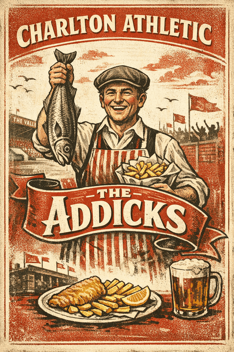 Vintage-style poster of a cheerful man holding a fish at a fish and chips shop.